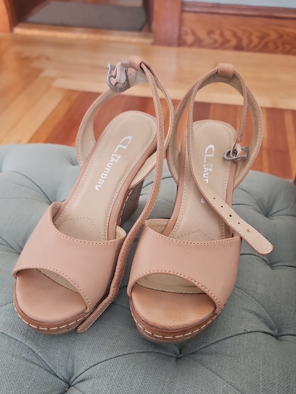 CL by Laundry Beige/Tan Platform Wedge Sandals with Ankle Strap
